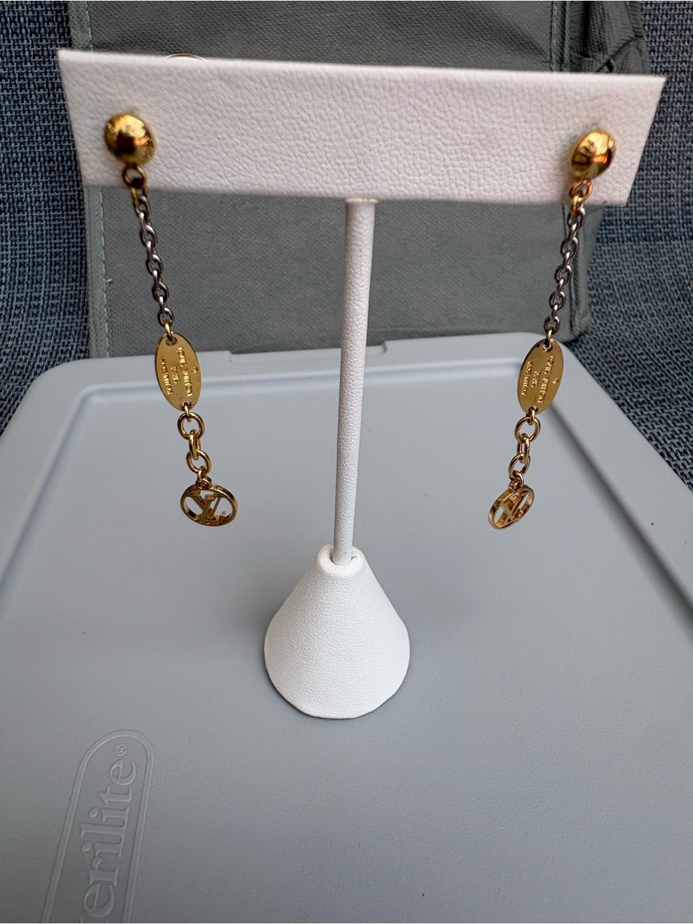 Authentic Louis Vuitton Logomania Drop Earrings Gold/Silver Two-Tone M68076